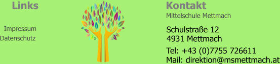 Kontakt Links Impressum Datenschutz Mittelschule Mettmach   4931 Mettmach Schulstraße 12 Tel: +43 (0)7755 726611 Mail: direktion@msmettmach.at